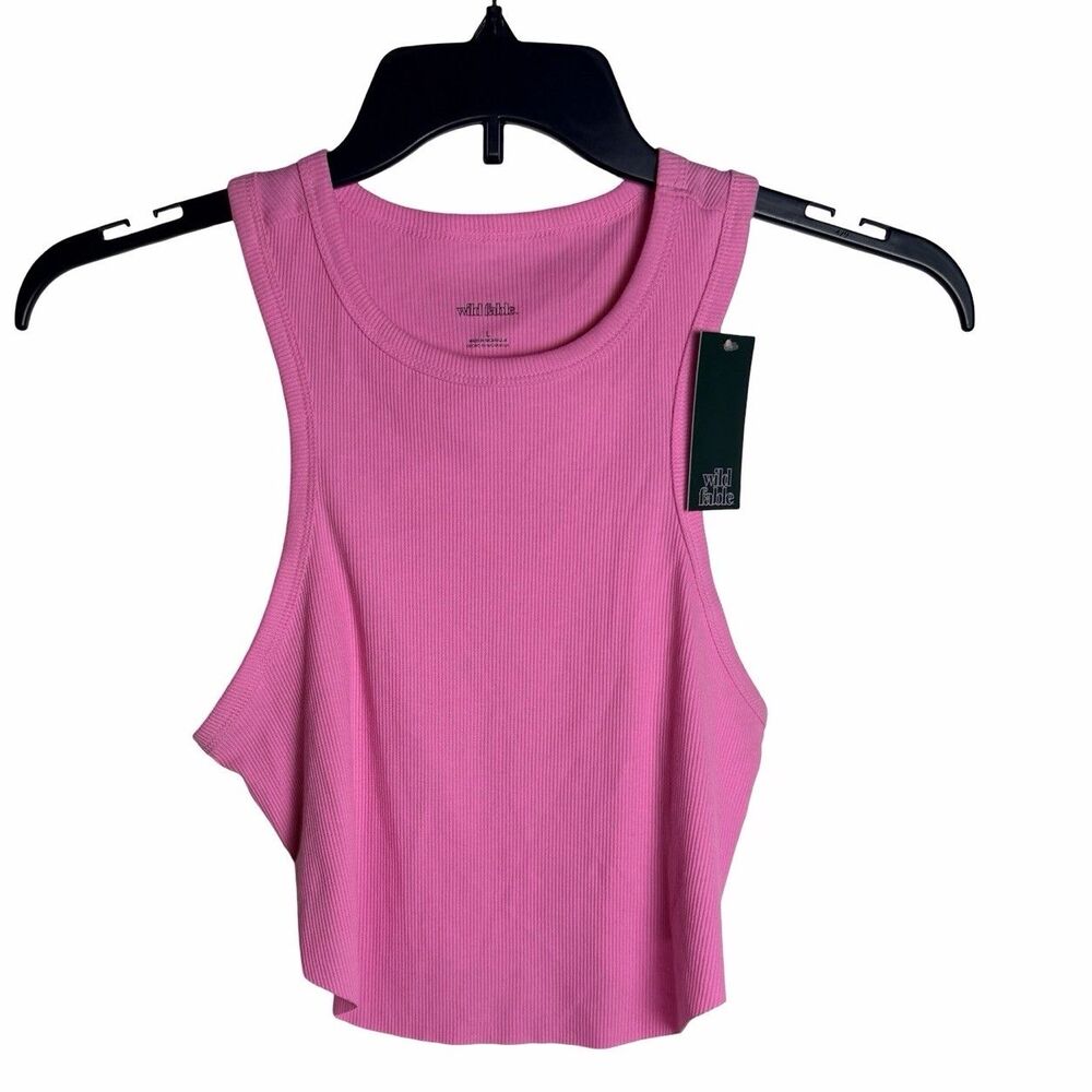 Wild Fable Ribbed Cotton Cropped Tank Top Pink Scoop Neck Wide Strap L NEW w/TAG